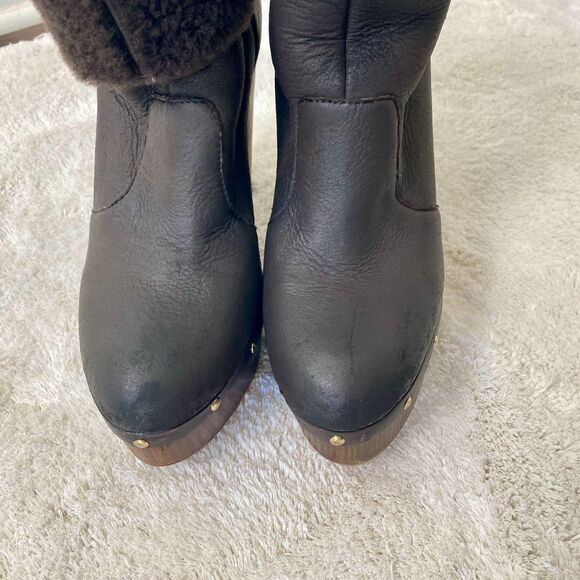 Elie Tahari Y2K Brown Leather Studded Platform Faux Fur Clogs Platform Boots 8.5 - Picture 2 of 8